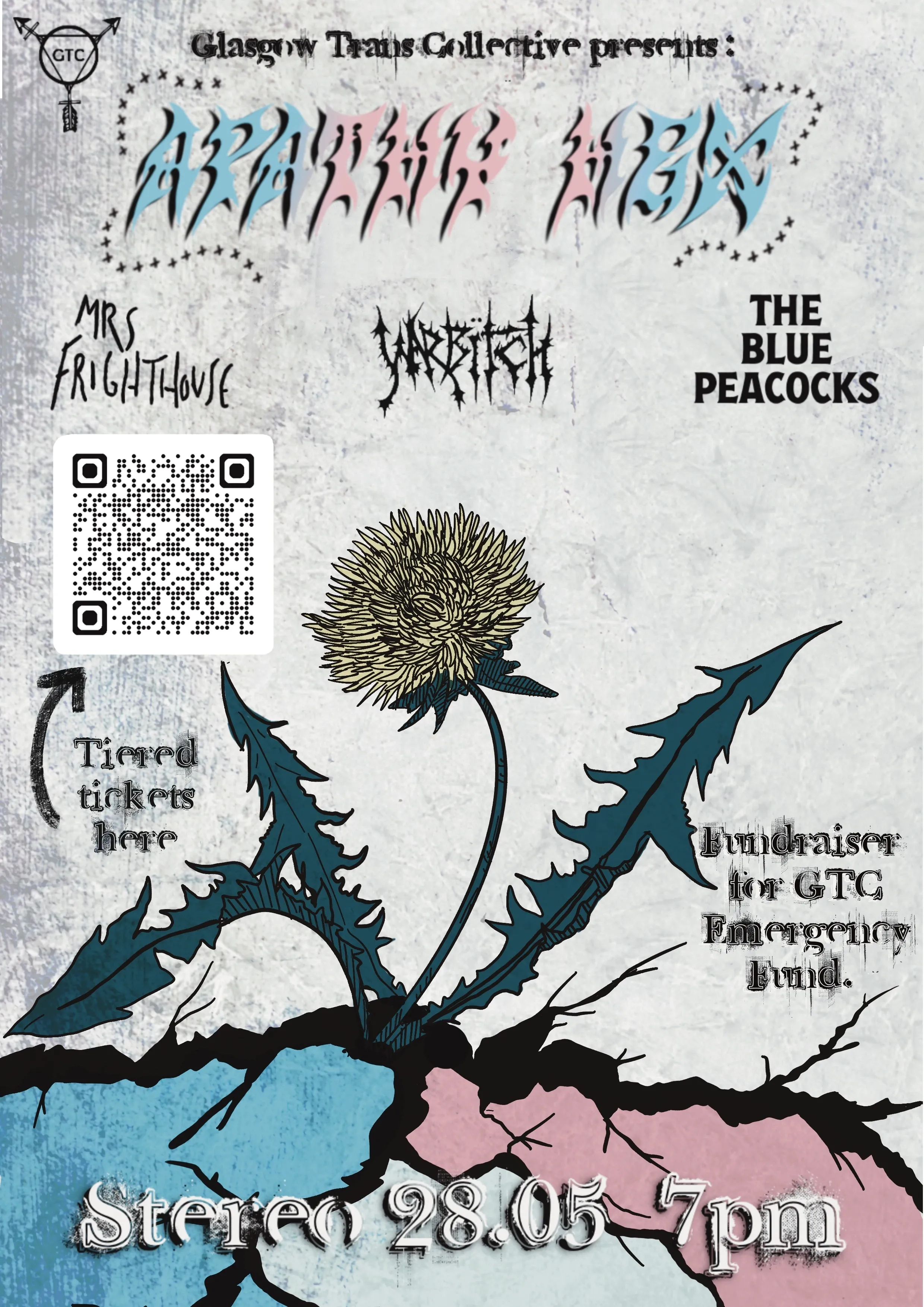 In a distressed style, illustration poster of a dandelion growing through the cracks in ground, with text overlayed. Text reads: " Glasgow Trans Collective presents: APATHY HEX. Mrs Frighthouse. Warbitch. The Blue Peacocks. Tiered tickets: link in bio. Stereo 28.05 7pm.